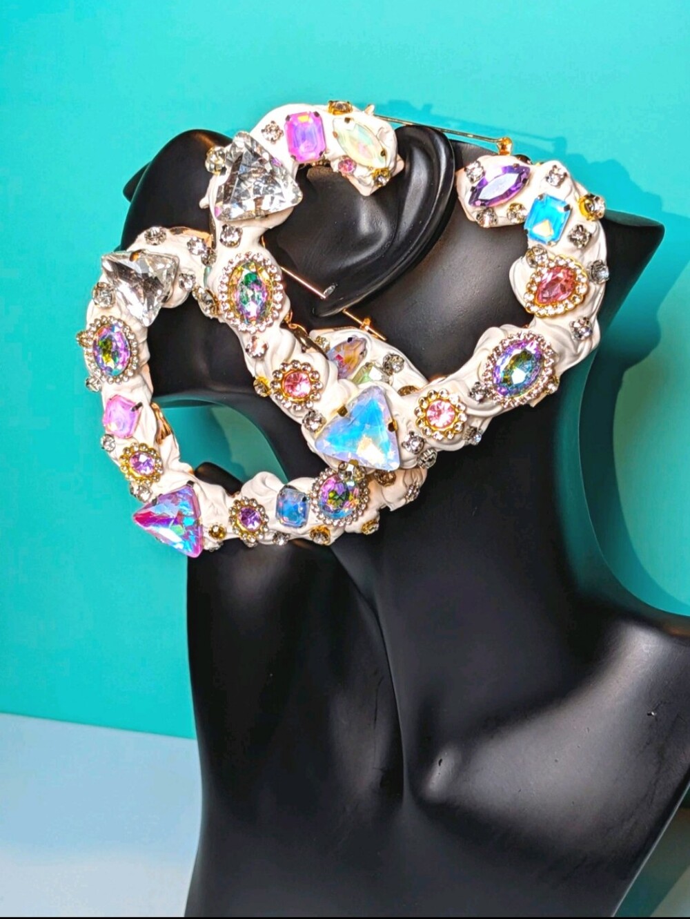 Hand Crafted Women's White Heart Hoop Earrings with Iridescent Multicolor Stones